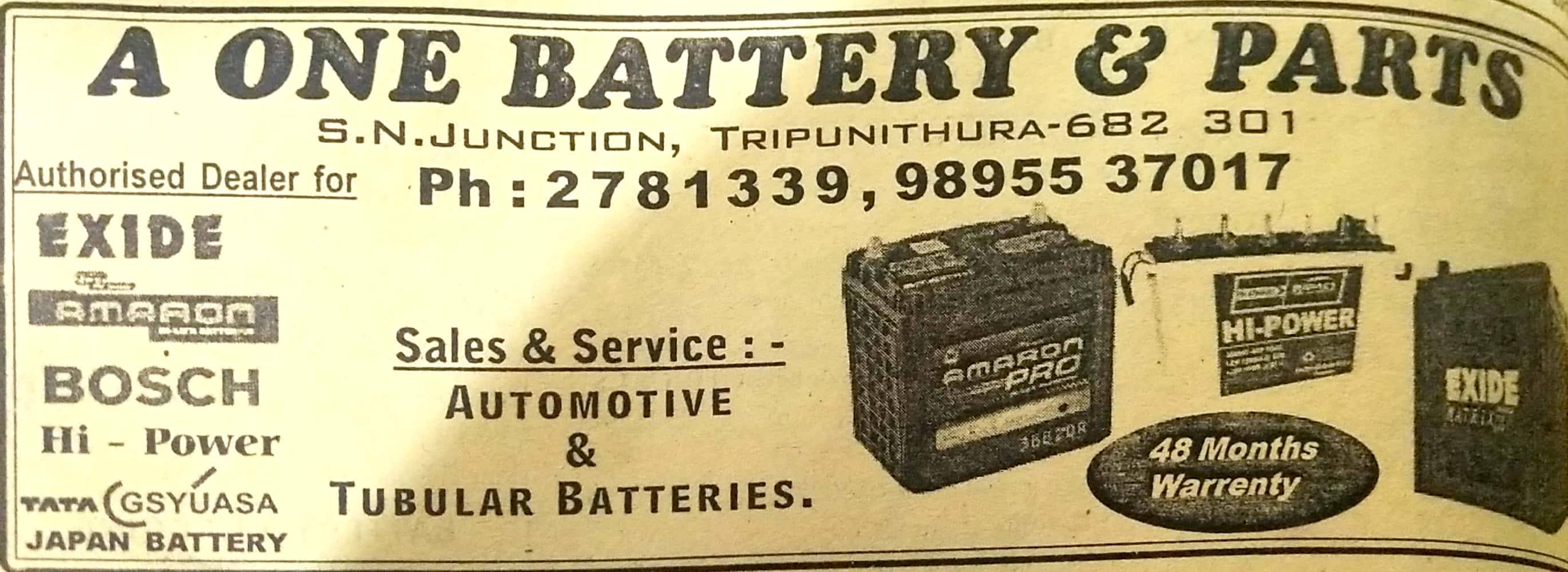 A ONE BATTERY & PARTS ERNAKULAM, BATTERY & UPS,  service in Thrippunithura, Ernakulam