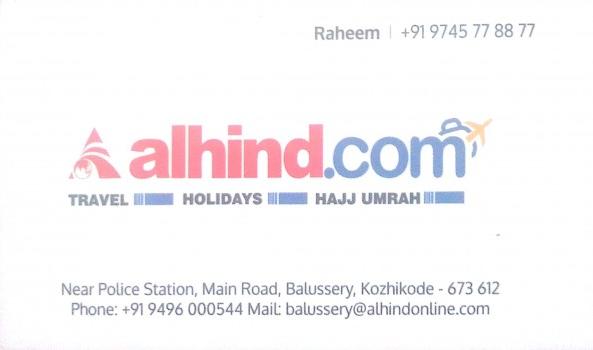 ALHIND COM, TOURS & TRAVELS,  service in Balussery, Kozhikode