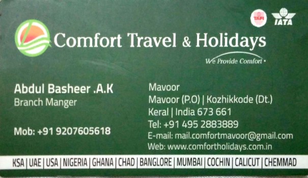 COMFORT  TRAVEL  HOLIDAYS, TOURS & TRAVELS,  service in Mavoor, Kozhikode