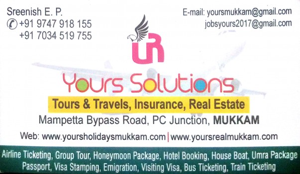 YOURS TOURS &TRAVELS, TOURS & TRAVELS,  service in Mukkam, Kozhikode