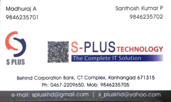 S PLUS TECHNOLOGY, COMPUTER SALES & SERVICE,  service in Kanjangad, Kasaragod